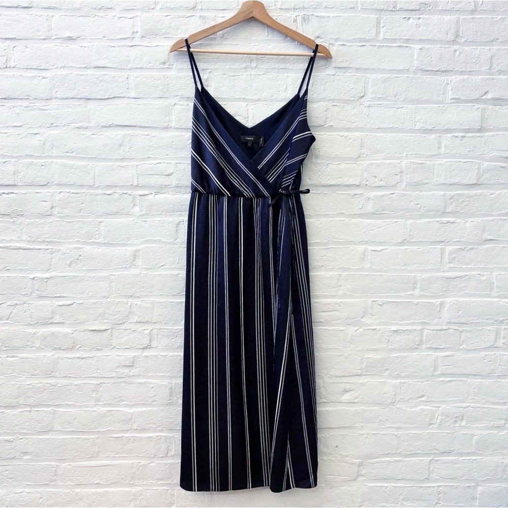 Theory || Hammered Silk Stripe Spaghetti Wrap Dress Midi Navy 4 - Picture 2 of 6